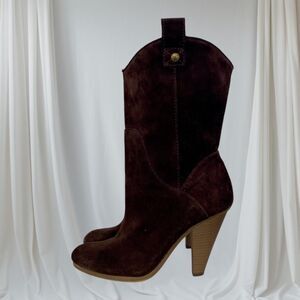 AEO Boho Brown Suede Leather Western Cowboy Mid Calf Heeled Boots US 7